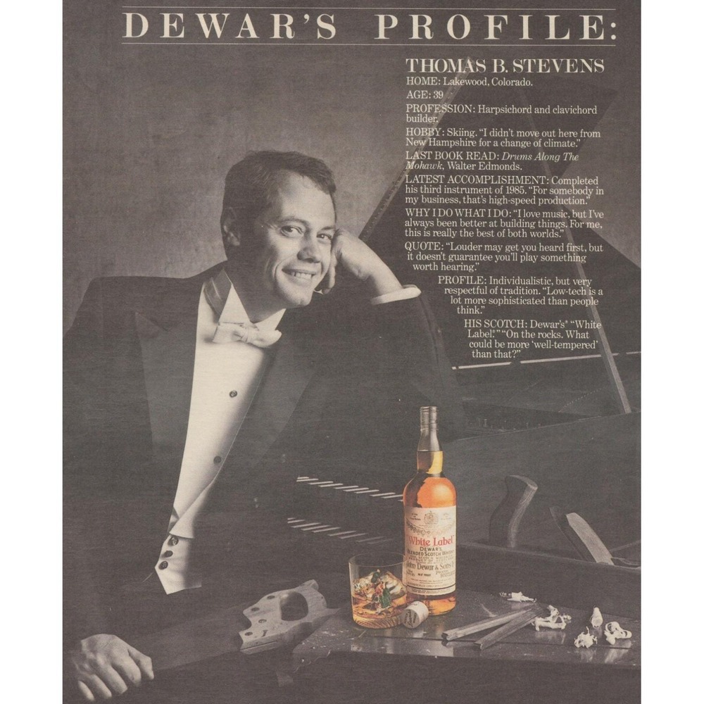Vintage 1985 Dewar's White Label Print Ad Thomas B Stevens Harpsichord Builder
